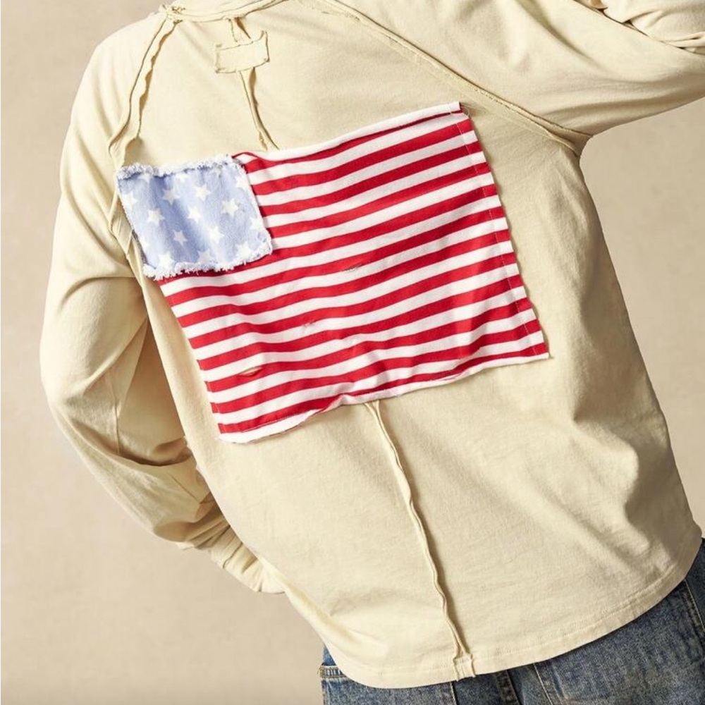 Boho Cream Long-Sleeve 100% Cotton Top - U. S. Flag on Back - Picture 5 of 12